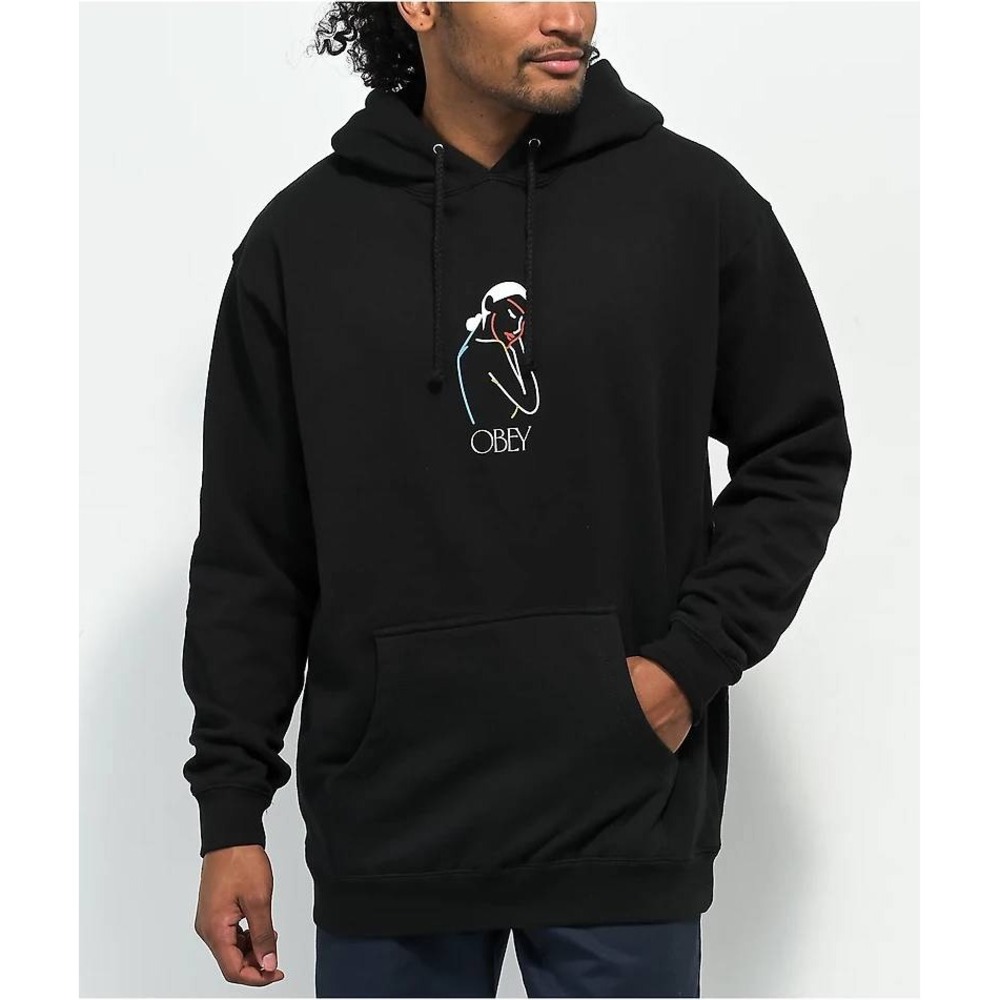 Obey Men's Lady Multicolored Embroidery Black Long Sleeve Pullover Hoodie Size L